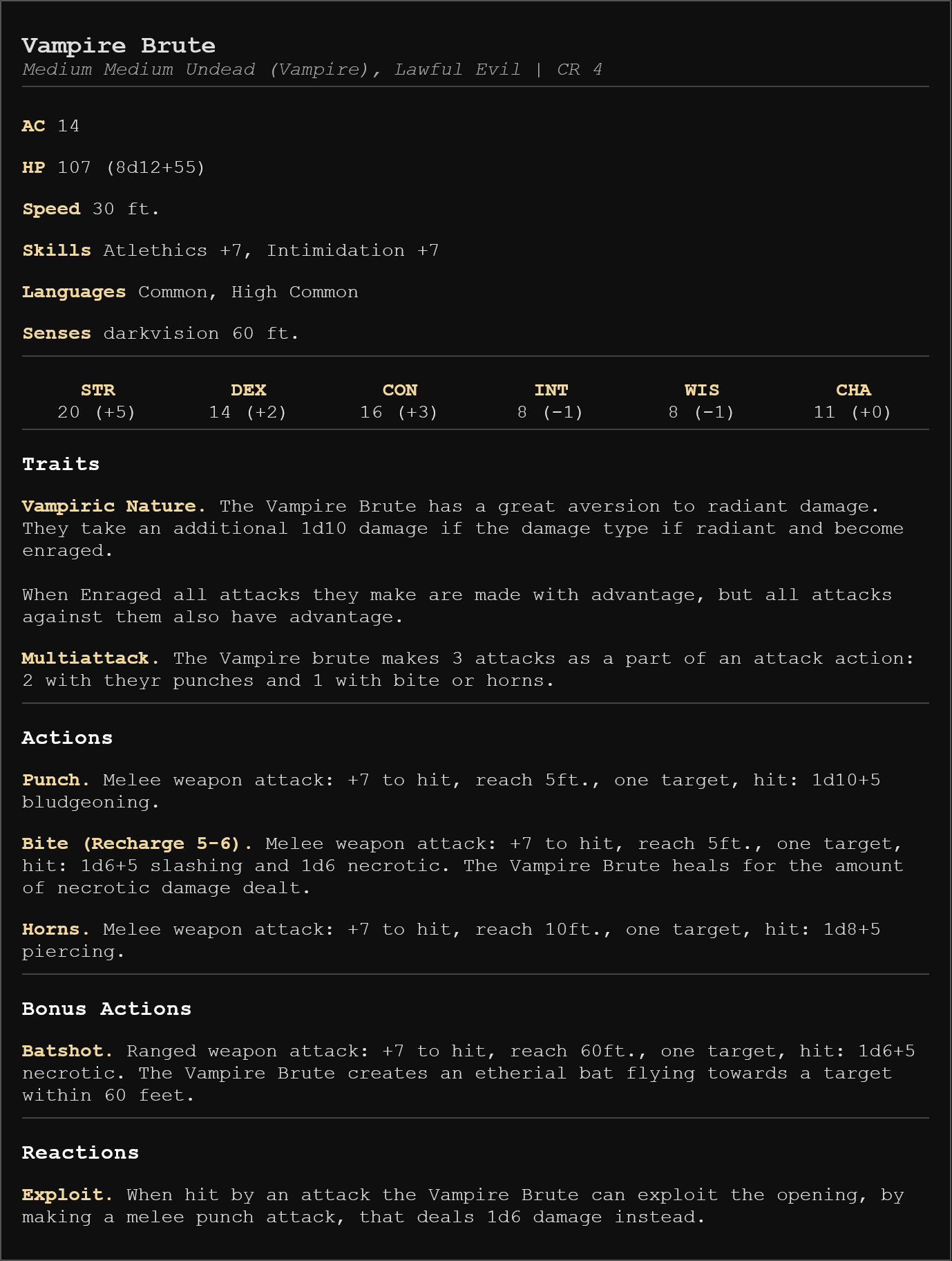 Vampire Brute Statblock